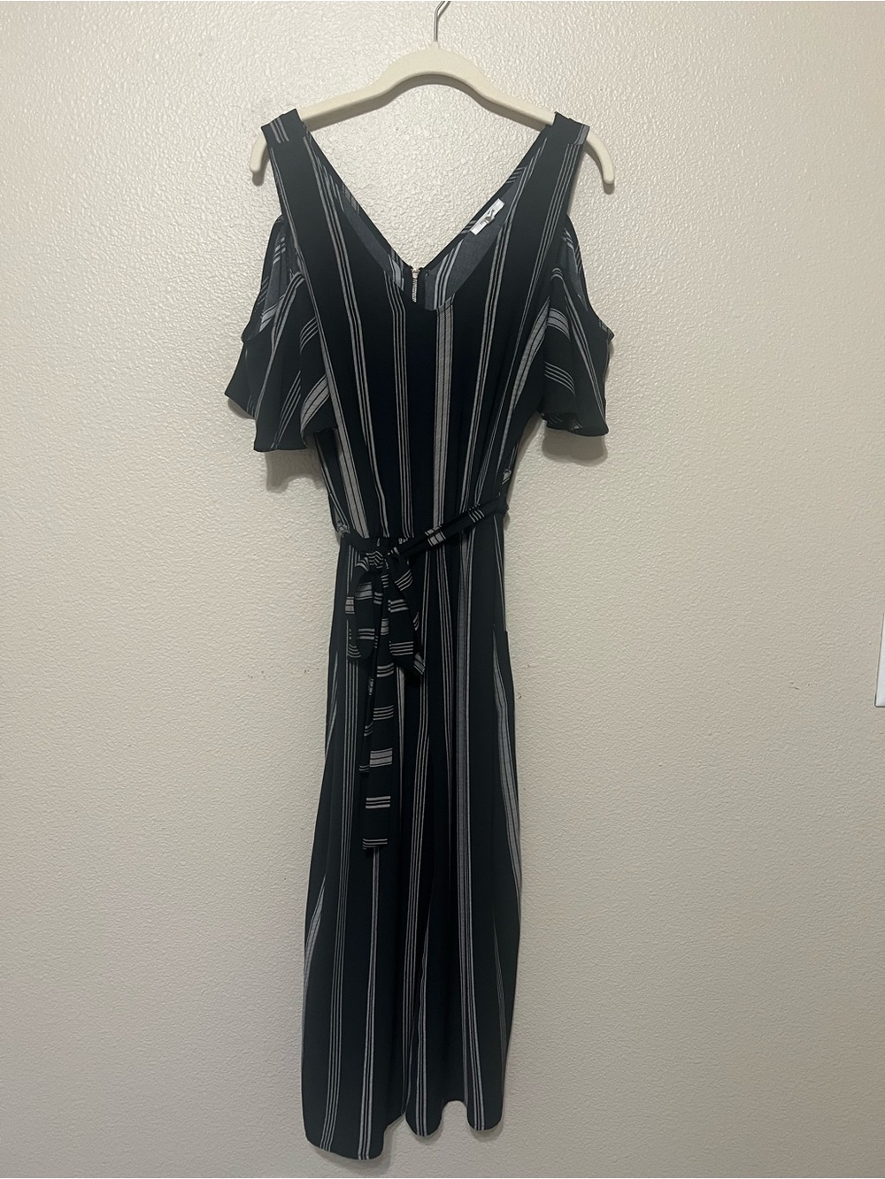 Maurices Black and White Striped Cold-Shoulder Jumpsuit